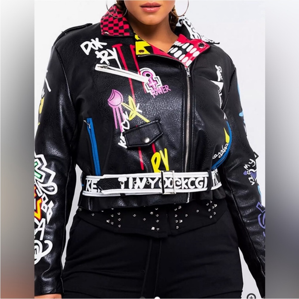 Azalea Wang Artsy Colorful Graphic Stud Moto vegan leather Jacket size small
